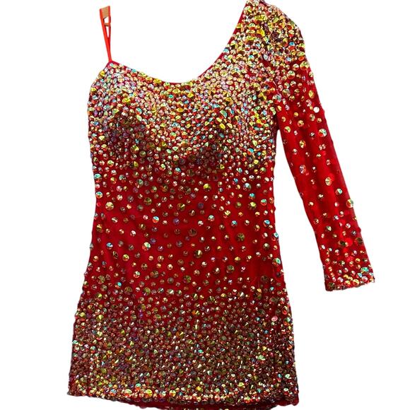 Angela & Alison Red Beaded One Sleeve Prom Formal Mini Short Dress Women 16 - Picture 1 of 10